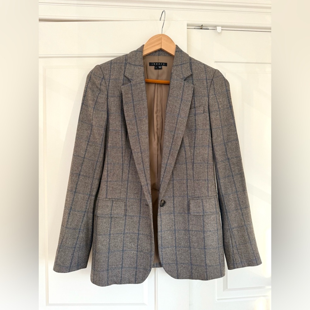 Theory Gray and Blue Plaid Blazer - 0